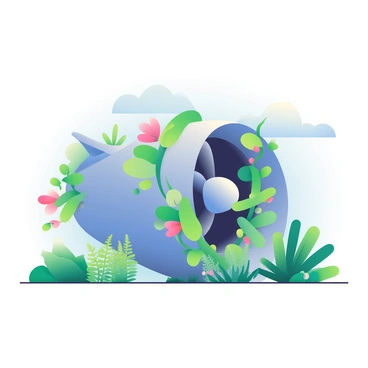 A jet engine with a sleek design and a metallic finish is prominently displayed in the center of the image. Surrounding the engine, a variety of vibrant green plants are growing, with some vines wrapping around the engine's body. The plants include ferns and small flowering plants, introducing splashes of color among the greenery. Soft light filters through the leaves, creating gentle shadows on the ground. In the background, hints of a blue sky are visible, complementing the natural elements surrounding the jet engine.