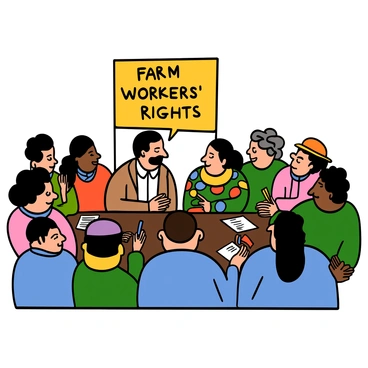 Cesar Chavez, a light-skinned man with short dark hair and a mustache, is engaged in a deep conversation with Dolores Huerta, a light-skinned woman with long dark hair. They are seated at a long table surrounded by farm workers. Cesar is wearing a white button-up shirt and a beige jacket, while Dolores is dressed in a colorful blouse. Their expressions are focused and animated as they discuss important topics. The room is filled with people, some taking notes, while others listen intently to the conversation. A banner in the background reads "Farm Workers' Rights."