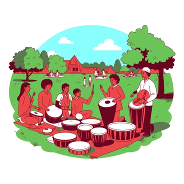 A red group of people is gathered in a green park, enthusiastically playing various drums together. Some individuals are standing while others are sitting on the grass, each person focused on their rhythm. The drummers hold an assortment of drums, including a large djembe, smaller congas, and a few hand drums. Around them, there are a few colorful picnic blankets spread out and a couple of trees providing shade. In the background, there are other park visitors enjoying the day, with a clear blue sky above.