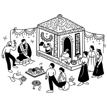 A detailed scene of a Hindu wedding ceremony unfolds. Intricate decorations fill the space, featuring elaborate floral arrangements, garlands, and traditional motifs. A decorated altar is set as the focal point, with various ceremonial items arranged neatly. Guests are gathered around, dressed in traditional attire, engaging in various rituals. A priest performs rituals beside the altar, with offerings placed in front of him. Colorful fabrics drape elegantly throughout the area, adding to the vibrancy of the celebration. The atmosphere is filled with an air of festivity and cultural significance.