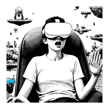 A character is sitting in a comfortable gaming chair, wearing a pair of large VR goggles that cover their eyes. Their expression is one of intense focus, with raised eyebrows and slightly parted lips. The character has short hair and wears a casual t-shirt. Around them, the scene is filled with detailed representations of various elements from a mobile game world, including floating platforms, pixelated creatures, and vibrant landscapes, all illustrated in a halftone dot pattern. The character's hands are positioned in a way that suggests they are interacting with the game, reaching out as if to touch an object in the virtual environment.