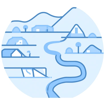 A vector map illustrating a countryside valley featuring multiple farms with fields, a winding river flowing through the landscape, and hills in the background.