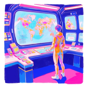 A character stands in a futuristic control room, focused on a holographic map projection hovering in front of them. The room is filled with sleek, high-tech equipment including various screens and control panels with glowing buttons. The character is wearing a fitted, modern jumpsuit and has short hair, with a look of concentration on their face. The holographic map displays intricate data and geographical features in vibrant colors. Dim lighting highlights the contours of the control room, creating a sense of immersion in a high-tech environment.