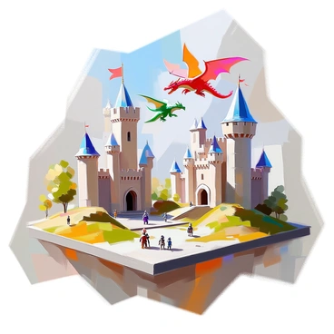 A small fantasy scene displayed on a 1/8 size board, featuring two majestic castles positioned on opposite ends. One castle is made of dark stone with tall spires and banners fluttering in the wind. The other castle is built from light-colored stone, adorned with intricate carvings and a shimmering moat surrounding it. Above the castles, two dragons soar through the sky: one is a vibrant green dragon with shimmering scales, and the other is a fierce red dragon with large wings spread wide. The board includes rolling hills covered with lush grass and small trees scattered throughout the landscape. Tiny figures of knights and villagers are positioned around the castles, creating a sense of activity in this enchanting setting.