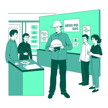 A teal safety instructor stands in front of a group of attentive shop employees, demonstrating how to properly wear a helmet. The instructor is holding a bright white helmet, showing its interior and adjusting the straps for visibility. In the background, there are various safety posters on the wall emphasizing the importance of wearing helmets. The employees are looking closely, with some taking notes on small white pads. The setting is well-lit, showcasing the details of the helmet and the focused expressions on the employees' faces.