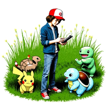 A curious trainer with short brown hair is standing in a lush green meadow, intently looking down at their Pokédex. The trainer is wearing a red and white cap and a blue jacket, with jeans and sneakers. Surrounding the trainer are various Pokémon, including a small yellow Pikachu with pointy ears, a blue Squirtle with a shell, and a green Bulbasaur with a bulb on its back. The Pokémon are positioned playfully, some looking at the trainer while others are interacting with each other. The meadow is filled with tall grass and wildflowers, creating a vibrant setting.