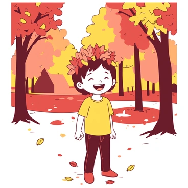 A child with a joyful expression is wearing a crown made of vibrant autumn leaves. The crown has multiple shades of leaves, including orange, red, and yellow. The child is standing in a leafy park, surrounded by trees showcasing various autumn colors. The ground is carpeted with fallen leaves, creating a colorful backdrop. Sunlight filters through the branches, casting warm light on the child's face, enhancing the overall cheerful atmosphere of the scene.