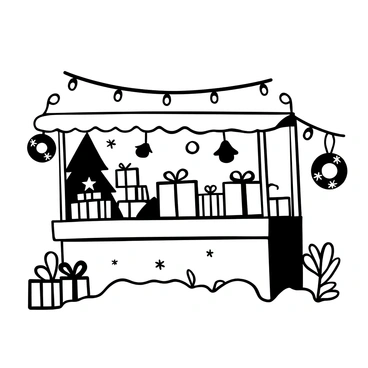 A Christmas market stall filled with various gifts and festive decorations. The stall is adorned with string lights that hang overhead, illuminating the scene. There are neatly arranged gift boxes of different sizes displayed prominently on the counter. Colorful ornaments, including stars and bells, are scattered around the stall. In one corner, a small artificial Christmas tree is decorated with ornaments and a shining star on top. A few handmade wreaths are hanging from the sides of the stall. The ground is covered with a light dusting of snow, adding to the festive atmosphere.