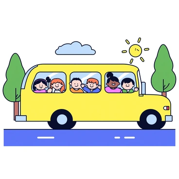 A yellow school bus is filled with children eagerly looking out the windows. The children have a variety of hairstyles and clothing, showcasing their individuality. Some have big smiles, while others have wide eyes filled with wonder. Sunlight streams through the windows, illuminating their faces and creating cheerful shadows inside the bus. Outside the bus, a blur of green trees and blue skies can be seen as they travel on a winding road. The bus is parked along the roadside, ready for their next adventure.