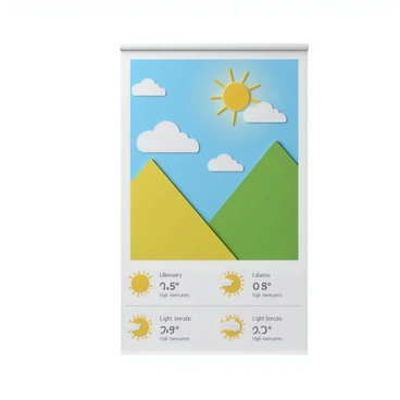 A weather chart displayed on a large poster with a bright, sunny day theme. The background is a clear blue sky filled with a few fluffy white clouds. The sun is prominently featured in the corner, casting warm yellow rays outward. There are various symbols indicating temperatures and conditions, such as a sun symbol representing high temperatures, a light breeze diagram, and cheerful icons for sunshine. The color palette consists of vibrant yellows, blues, and greens, enhancing the overall cheerful appearance of the chart.