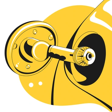 A close-up view of a fuel cap on a car, prominently featuring a unique locking mechanism. The fuel cap is round, with a smooth surface and detailed engravings around its edge. The locking mechanism is visible, showcasing intricate metal components and a dial that indicates its locked or unlocked status. The background is slightly blurred to emphasize the fuel cap and its mechanism. There are small droplets of water on the cap, suggesting recent exposure to rain.