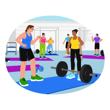 A fitness trainer demonstrating proper form during a deadlift to a beginner in a bright, well-lit gym setting. The trainer is wearing a blue tank top and black workout shorts, with an encouraging expression as they provide guidance. The beginner, a young woman in a yellow t-shirt and black leggings, is focused and attentive, standing in front of a barbell loaded with weights on the gym floor. Other fitness class members can be seen in the background, engaged in various workouts, with exercise mats and weights scattered around the room. The atmosphere conveys a sense of motivation and support.