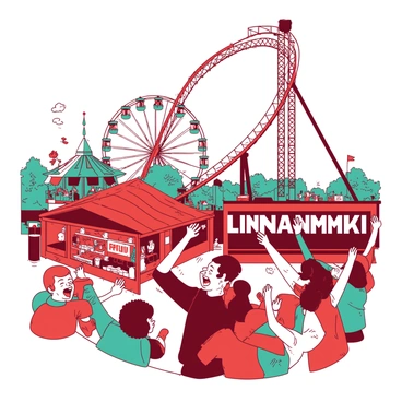 A red and teal scene captures visitors enjoying thrilling rides at Linnanmäki amusement park. The park is filled with a variety of amusement rides, including a tall roller coaster with spiraling tracks and a spinning ferris wheel. Colorful lights adorn the rides, creating a vibrant atmosphere. Groups of people are seen laughing and cheering as they experience the excitement of the rides, some with hands raised in joy. In the background, there are food stalls with bright signs, adding to the lively ambiance of the amusement park.