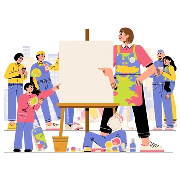 A street performer stands in a bustling urban environment, surrounded by a diverse group of passersby. The performer has medium-length brown hair, wearing a colorful apron splattered with paint. In front of the performer is a large blank canvas on an easel. The performer is actively painting a vibrant scene with bold colors, capturing the attention of the onlookers. Various art supplies, including paintbrushes and a palette, are scattered around the feet of the performer. A few children in the crowd are pointing excitedly at the canvas, while adults are smiling and taking pictures of the artwork in progress.