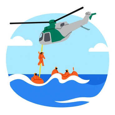 An NH90 helicopter hovering above a choppy sea. The helicopter is painted in a vibrant green and gray camouflage pattern. Below, two diver teams are equipped with bright orange wetsuits and are preparing to enter the water. One diver is descending from the helicopter on a yellow rescue line, while another team is in a small orange inflatable boat, ready to assist. The waves are depicted in various shades of blue and white, simulating a dynamic ocean environment. The sky is partly cloudy, creating a sense of action and urgency in the scene.