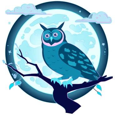 An intricately detailed owl with large, round eyes and mottled feathers is perched on a gnarled branch. The full moon, glowing brightly, casts a soft light that creates sharp shadows on the owl's feathers. The night sky is filled with twinkling stars, and wispy clouds drift slowly across the moon's surface, adding depth to the scene. The branch is adorned with small leaves that rustle gently in the night breeze, enhancing the tranquil atmosphere of the moment.