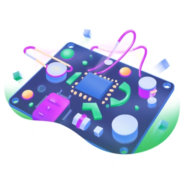 A detailed illustration of an "intricate circuit board" featuring "glowing components" in various colors. The board is densely populated with "wires connecting various parts," including resistors, capacitors, and chips. The glowing elements emit soft light, casting subtle reflections on the surface of the circuit board. The background features a gradient that enhances the vibrancy of the glowing components, creating a high-tech atmosphere.