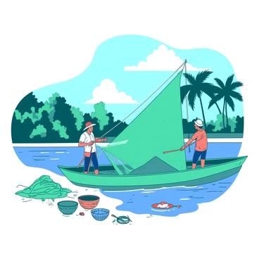 A group of fishermen is working along the Kerala coast, using traditional methods to catch fish. Two fishermen are standing in a wooden boat, casting a large fishing net into the water. The boat is painted in a bright teal color, and the water surrounding it is a deeper blue. In the background, there are lush green palm trees lining the shore, and the sky is clear with a few fluffy white clouds. One fisherman is pulling on the net while the other is watching closely as they prepare to catch fish. On the shore, there are colorful fishing baskets and nets neatly arranged.