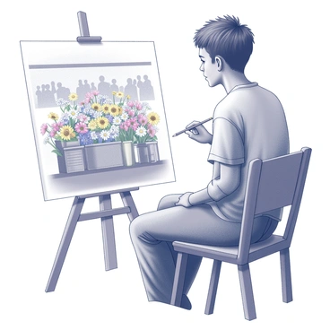 An artist is seated at a small wooden easel, focused intently on their work. They hold a pencil in one hand and are sketching a variety of flowers arranged in a vibrant display on a market stand. The stand is crowded with an assortment of flowers, including sunflowers, daisies, and tulips, each with distinct shapes and sizes. The artist's canvas shows a partially completed drawing of this lively scene, capturing the intricate details of the flowers. Surrounding the market stand, a flurry of people can be seen shopping and chatting, creating a lively atmosphere. The artist's expression reflects concentration as they bring the flowers to life on the page.