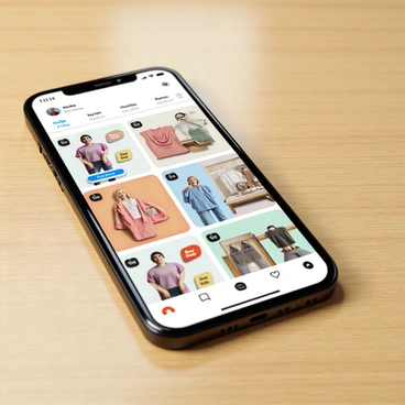 A smartphone with a sleek design, featuring a large touchscreen display. The screen shows a social media app interface filled with various shoppable posts. Each post displays vibrant images of products, including clothing, accessories, and home decor. There are price tags visible on the posts, along with buttons labeled "Buy Now." The smartphone is resting on a wooden surface, and there is a soft ambient light reflecting off the screen.