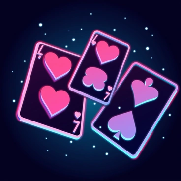 Poker card suits in vibrant red and black floating in the air, each symbol outlined with glowing light. The hearts and diamonds emit a soft red glow, while the clubs and spades are surrounded by a dark, shimmering aura. The suits are arranged in a dynamic, swirling pattern, creating a sense of motion and magic. Tiny sparkles and glimmers surround the suits, enhancing the enchanting atmosphere. The background is a deep, midnight blue, contrasting with the luminous colors of the card suits.