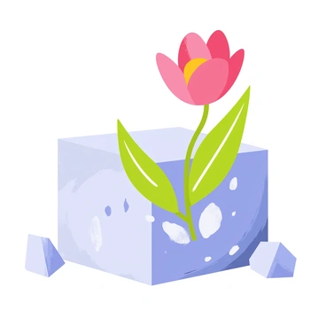 A large ice block with a textured, translucent surface sits prominently in the foreground. The ice block is cracked open, revealing a vibrant pink flower emerging from the center. The flower has delicate petals that curl gracefully outward, showcasing a bright yellow center. Surrounding the ice block are small shards of ice that glisten in the light, creating a contrast against the rich green leaves that accompany the flower. The overall scene captures the moment of transformation and beauty hidden within the ice.