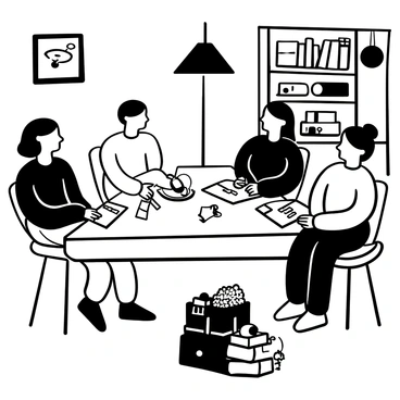 A group of four friends sitting around a large wooden table, engaged in a murder mystery board game. Each person has a character card in front of them, with elaborate descriptions visible. Various game pieces are scattered across the table, including a small plastic magnifying glass and a notepad filled with notes. A dimly lit lamp casts shadows on the table, while a stack of snacks and drinks rests at one corner. The room is decorated with framed pictures on the walls, and bookshelves filled with books are seen in the background.