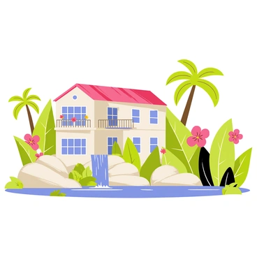 A large mansion with white walls and a red-tiled roof is positioned at the center of the scene. The mansion features numerous windows and a spacious balcony adorned with colorful flowers. Surrounding the mansion are various lush tropical plants, including tall palm trees, vibrant hibiscus flowers, and large green ferns. A small waterfall cascades down smooth rocks to one side of the mansion, creating a gentle pool at its base. Bright sunlight filters through the leaves, casting playful shadows on the ground.
