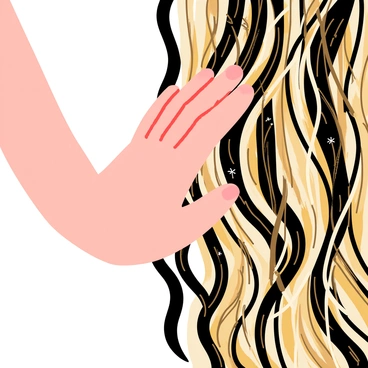 A close-up of a hand gently running through a mass of tangled hair. The hand is depicted with delicate fingers, showcasing fine details such as fingernails and skin texture. The hair is a mix of dark brown and blonde strands, creating a textured look. Small strands of hair are lifted slightly as the fingers move through, suggesting movement. The background is softly blurred to emphasize the hand and hair, focusing on the tactile interaction between them. The overall composition conveys a feeling of warmth and closeness.