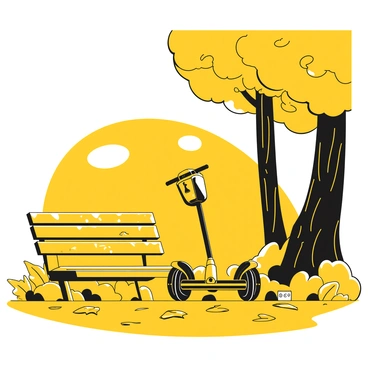 A yellow segway with a sleek design is parked next to a wooden bench along a forest trail. The bench is made of rugged wood, blending with the natural surroundings. Tall trees with thick trunks and lush green foliage frame the scene. The trail is covered with fallen leaves, creating a rich texture beneath the segway. Sunlight filters through the branches, casting dappled shadows on the ground. A small charging station is positioned beside the segway, showing the connection point.