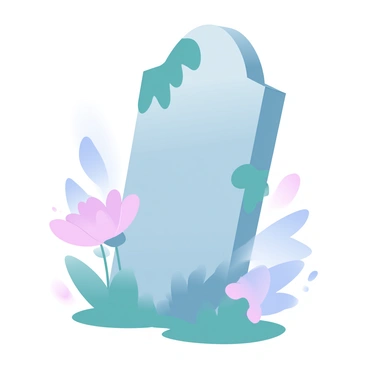 An old, weathered tombstone stands prominently in a foggy graveyard. The tombstone is cracked and covered in moss, showing signs of age and neglect. Surrounding the tombstone are wilted flowers, their petals drooping and colors faded. The atmosphere is thick with mist, enveloping the graveyard in a veil of gray, creating a sense of stillness and quiet around the scene.