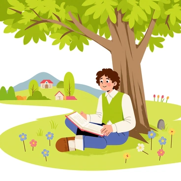 A small, round-faced hobbit named Frodo is sitting comfortably under a large, leafy tree in the Shire. He has curly brown hair and is wearing a green vest over a white shirt. An open book rests on his lap as he reads, with a peaceful expression on his face. The grassy ground is dotted with colorful wildflowers, and in the background, there are rolling hills and quaint hobbit holes peeking out from behind the trees. Sunlight filters through the leaves, casting gentle shadows on Frodo as he enjoys his quiet moment of relaxation.