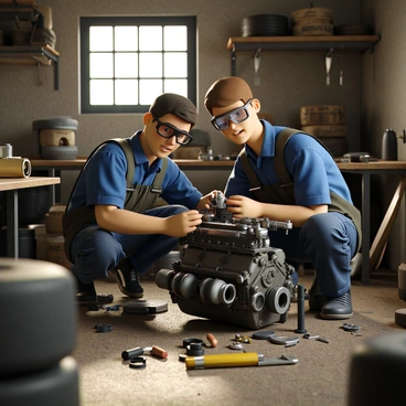 An engineer restoring a classic car engine in a workshop filled with vintage parts