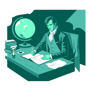 A teal Napoleon Bonaparte is seated at a large wooden desk, his expression focused and thoughtful as he writes a letter by the light of a flickering candle. The desk is cluttered with parchment paper and a quill pen, with an inkpot alongside it. A stack of books is positioned to one side, and a globe stands in the background, subtly illuminated by the candlelight. The room is dimly lit, with shadows dancing across the walls, enhancing the atmosphere of late-night inspiration.