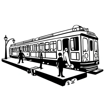 A vintage subway train from the early 20th century is depicted on a railway platform. The train features classic design elements such as ornate metalwork, wooden benches, and polished brass details. The exterior of the train is adorned with old-fashioned signage reading "Subway" in elegant lettering. The railway tracks are visible beneath the train, and there are period-appropriate lanterns illuminating the platform. A few passengers in period attire are waiting on the platform, enhancing the historical atmosphere of the scene.