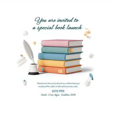 A stack of colorful books, arranged neatly with their spines facing outward, showcasing bright titles and illustrations. To the side of the stack, there is an elegant ink quill, resting on a small inkwell, with its feather delicately curved. The background features subtle decorative elements that suggest a literary theme, such as gentle swirls or abstract book motifs. At the top of the image, in an ornate font, the text reads, "You are invited to a special book launch." Below this, in a smaller font, the details of the event are listed: the date, time, and location.