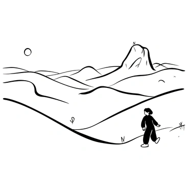 "Eragon" is walking across a vast desert, with tall sand dunes stretching to the horizon. The texture of the sand is detailed, showing ripples and patterns formed by the wind. A few sparse, dry plants are scattered among the dunes. The sky above is clear, with the sun casting strong shadows on the landscape. In the distance, a lone rock formation rises from the ground, contrasting with the smoothness of the dunes. A sense of scale is emphasized by the vast emptiness surrounding "Eragon."