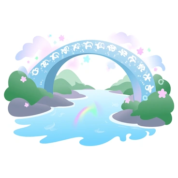 A magical bridge arching gracefully over a flowing river. The bridge features intricate designs and is adorned with glowing elements that shimmer in various hues. The river below reflects a spectrum of "rainbow colors," creating a vibrant scene. Lush greenery frames the banks of the river, with colorful blossoms peeking through the foliage, enhancing the enchanting atmosphere. Soft, pastel gradient colors fill the sky, complementing the vividness of the bridge and the river.