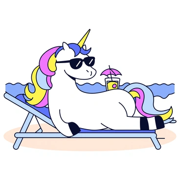A sassy unicorn with a glossy white coat and a flowing mane of vibrant rainbow colors is lounging comfortably on a beach chair. The unicorn is wearing stylish black sunglasses that reflect the sunlight. Next to the unicorn is a colorful drink served in a tall glass with a pink umbrella and a slice of fruit on the rim. The beach chair is positioned on soft sand, and there are gentle waves in the background.