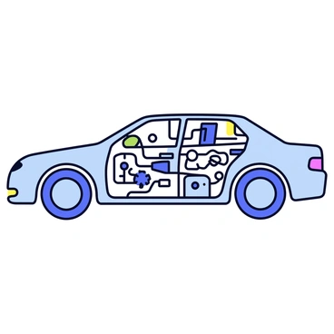 An outline of a car featuring smooth, curved edges. Within the outline, intricate abstract mechanical parts are visible, including gears, pipes, and circuit-like structures. The mechanical components are arranged in a complex pattern, showcasing various shapes and interconnections. The overall design maintains a clean and minimalistic look, emphasizing the details of the mechanical parts within the car outline.