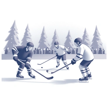 Two hockey teams are engaged in an intense game on an outdoor rink surrounded by snow-covered trees. The players are wearing distinct uniforms, with one team in black jerseys and the other in white jerseys. Each player is equipped with skates, protective gear, and hockey sticks. The puck is in play, with one player leaning forward in a dynamic skating pose, while another player is preparing to block a shot. The scene captures the excitement and energy of the game, with snowflakes gently falling around them and a small crowd of spectators in the background, bundled up in winter clothing.