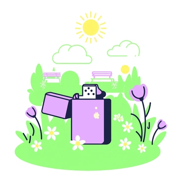 A lighter is placed on a patch of lush green grass in a park. The grass is vibrant and well-maintained, with blades swaying slightly in the gentle breeze. Above, the sun is shining brightly, casting clear shadows on the ground. Surrounding the lighter are scattered wildflowers in various positions, adding to the natural setting. In the background, there are hints of trees and park benches, indicating a lively outdoor environment.