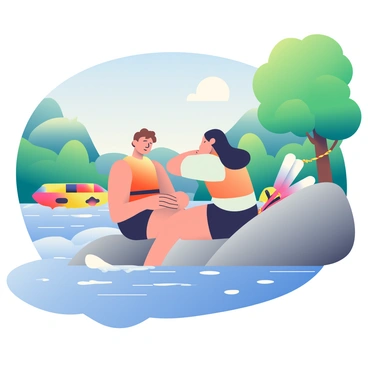 A white-water rafter with short brown hair is sitting on the riverbank, leaning against a large smooth rock. He is wearing a bright orange life jacket and black shorts. His hands are resting on his knees, and he has a relaxed expression on his face. A person with long black hair is giving him a massage using firm pressure on his shoulders. Nearby, the river is flowing rapidly with white frothy waves, and lush green trees line the opposite bank. A colorful inflatable raft is tied securely to a nearby tree, and some paddles are propped against the rock. The scene shows a bright sunny day with a clear blue sky.