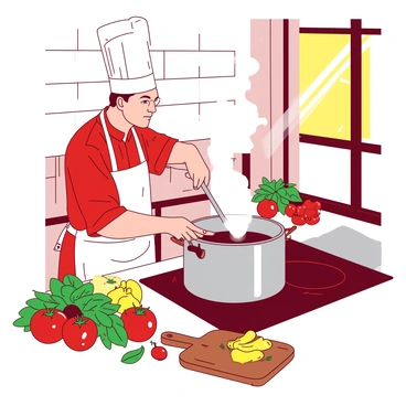 A red chef wearing a white apron is busy cooking in a restaurant kitchen. The chef is stirring a large silver pot on the stove, and steam is rising from it. On the countertop, there are various fresh green herbs and vibrant vegetables, including bright red tomatoes, crisp yellow bell peppers, and deep green basil leaves, all neatly arranged. A wooden cutting board is positioned nearby, showing a partially chopped bunch of herbs. Sunlight is streaming through a window, casting a warm glow over the bustling kitchen scene.