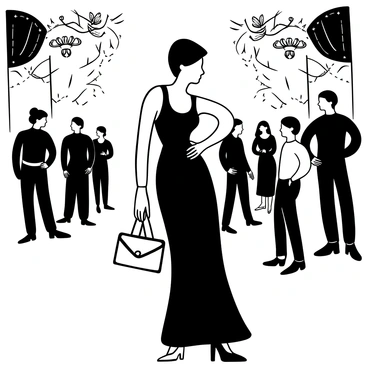 A fashionista wearing a stylish, elegant evening dress is standing confidently at a glamorous event. She is holding a chic clutch purse in one hand, showcasing its unique design. The background features a crowd of elegantly dressed individuals mingling and socializing. There are decorative elements like sparkling chandeliers and lavish floral arrangements surrounding her, enhancing the atmosphere of sophistication. The scene is filled with an air of high fashion and lavishness.