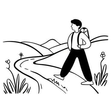 A young man with short hair is walking along a winding country path. He is dressed in simple, practical clothing suitable for outdoor travel. On his back, he carries a small bundle secured with a strap. The path is flanked by tall grass and wildflowers, creating a natural frame around him. In the distance, rolling hills rise gently against the horizon. The sky above is expansive, hinting at a pleasant day ahead.