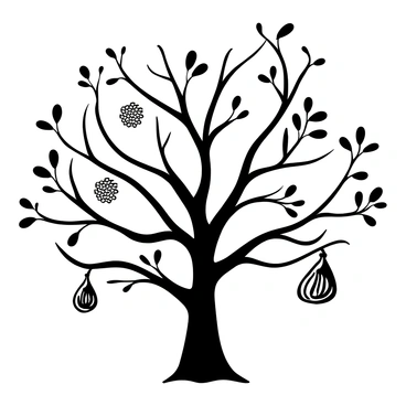 A fig tree with distinct growth stages displayed in a circular format. Starting from the bottom, small buds sprout from bare branches. Progressing upward, the tree shows green leaves beginning to unfurl. Next, clusters of small fig fruits appear among the leaves. Moving higher, the figs grow larger and ripen, showcasing their developing texture. Finally, at the top, the tree is full, with mature figs hanging from thick branches. Each stage is clearly detailed with varying sizes and shapes of the leaves and fruits, creating a comprehensive cycle of growth.