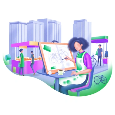 An artist is seated at a small outdoor café table, sketching in a large, open sketchbook. The artist has curly hair and wears a paint-splattered apron. Surrounding the table are lively elements of city life, including people walking by, some carrying shopping bags, and others chatting animatedly. In the background, tall buildings with large windows create a dynamic city skyline. There are vibrant street vendors selling snacks, and a bicycle is parked nearby. The artist is focused on capturing the essence of the scene with quick pencil strokes, while a coffee cup sits next to the sketchbook, steam rising from it.