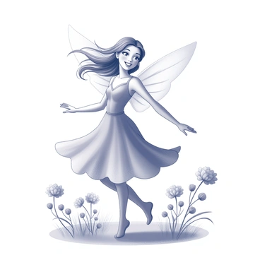 A flower fairy with delicate wings is dancing gracefully in a meadow. She wears a dress that flows elegantly around her as she twirls. Her hair is swept away by the gentle breeze, creating a sense of movement. The surrounding flowers are vibrant, with various shapes and sizes dotting the landscape. The fairy's joyful expression captures her delight as she interacts with the wind, swirling playfully among the blossoms.