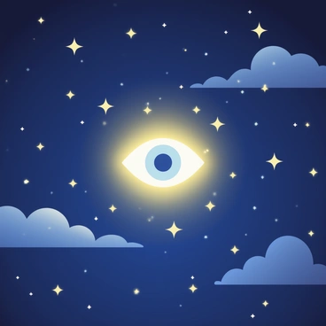 A mystical night sky is filled with countless stars that twinkle in various sizes. The deep indigo backdrop creates a sense of expansiveness. In the center, a glowing "third eye" symbol radiates light, its outlines sharp and luminescent. The stars around the symbol appear to shimmer more intensely, drawing focus to the symbol. Subtle wisps of clouds float across the sky, enhancing the ethereal atmosphere. The overall scene conveys a sense of wonder and mystery.